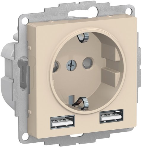 Розетка с заземлением +2xUSB тип A+A без рамки Systeme Electric AtlasDesign 1-м. бежевый фото Розетка с заземлением +2xUSB тип A+A без рамки Systeme Electric AtlasDesign 1-м. бежевый картинка